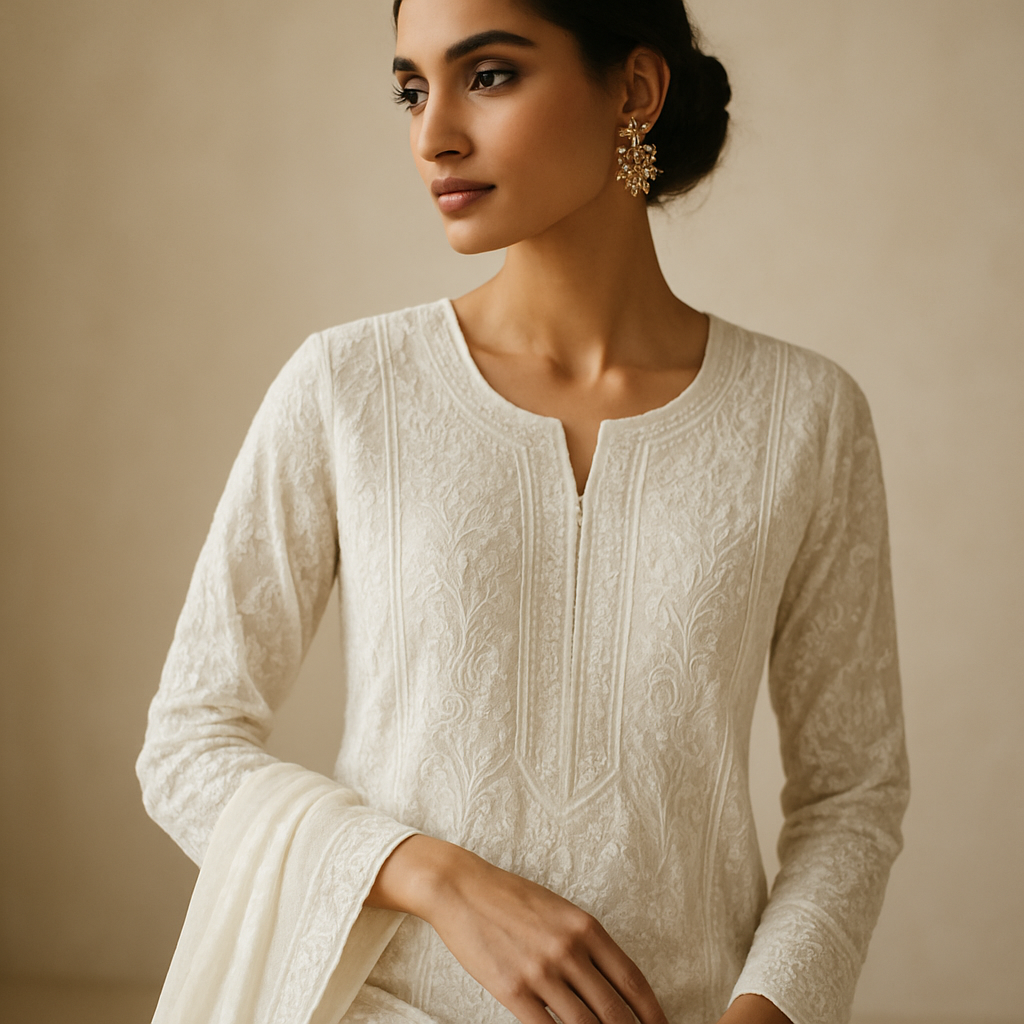Elegant model wearing handcrafted Lucknow Chikankari